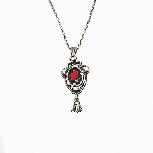 Antique 1900s Art Nouveau Almandite Garnet, Black Enamel, and Sterling Choker Lavalier 16" Necklace