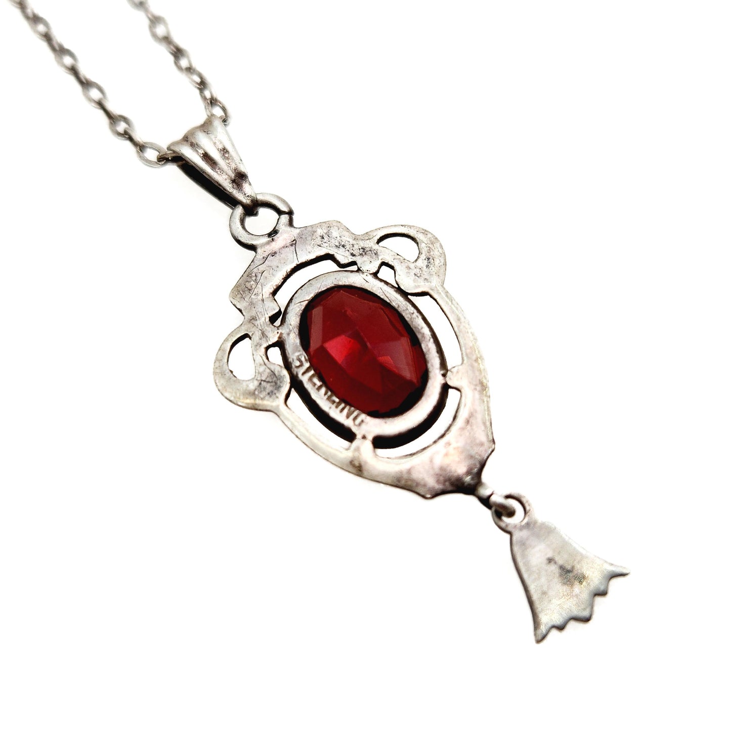 Antique 1900s Art Nouveau Almandite Garnet, Black Enamel, and Sterling Choker Lavalier 16" Necklace