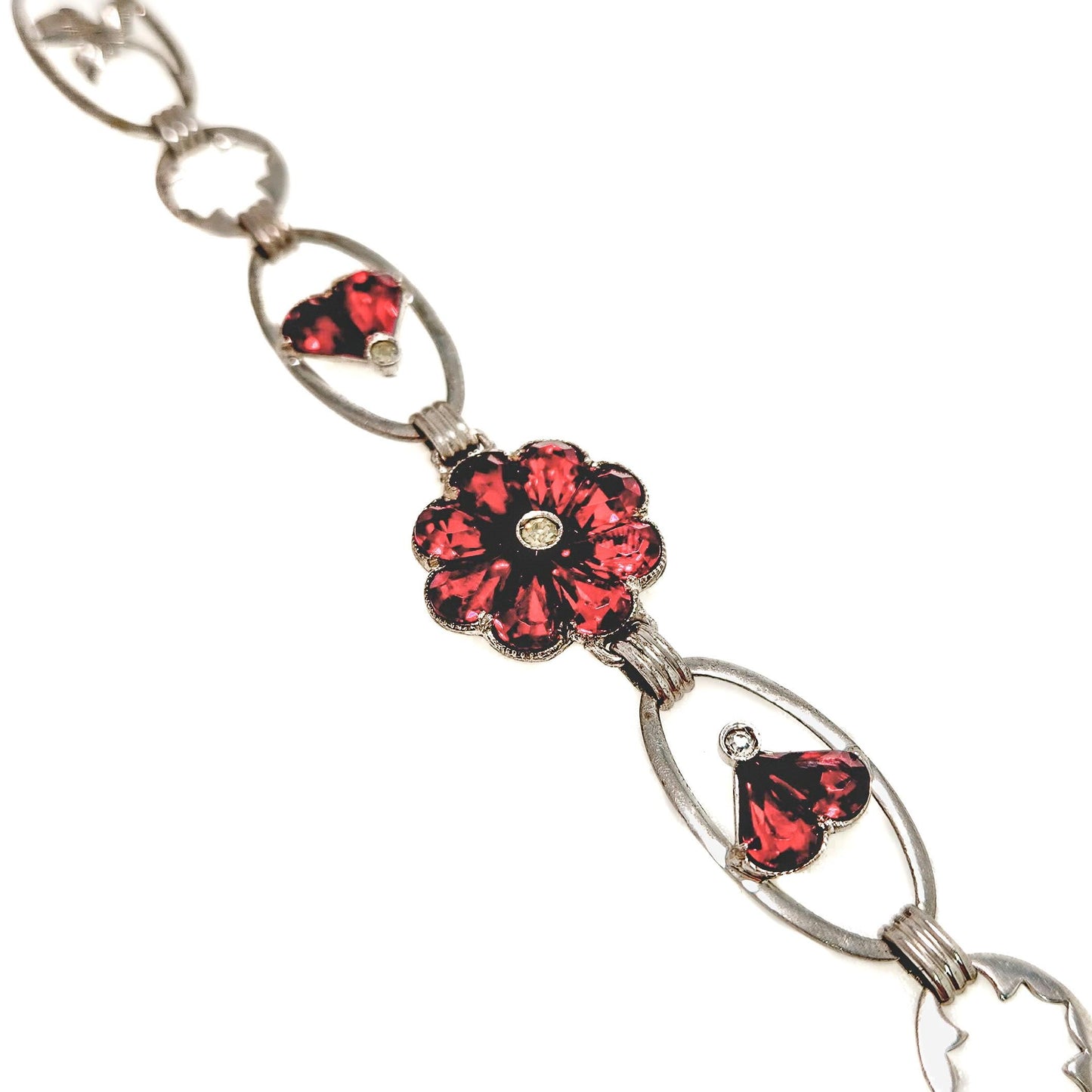 Vintage 1940s Red Glass, Silver Flower Bracelet - Retro Art Deco Sterling Silver and Red Flower Link 6-1/4" Bracelet - Flower Bracelet