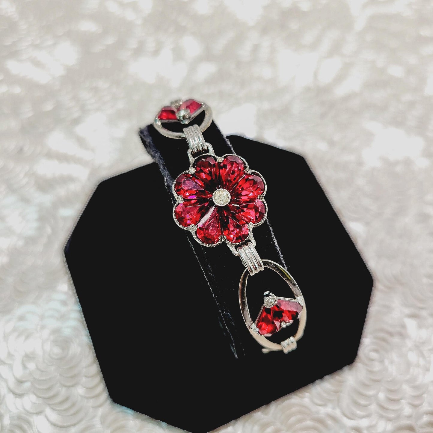 Vintage 1940s Red Glass, Silver Flower Bracelet - Retro Art Deco Sterling Silver and Red Flower Link 6-1/4" Bracelet - Flower Bracelet