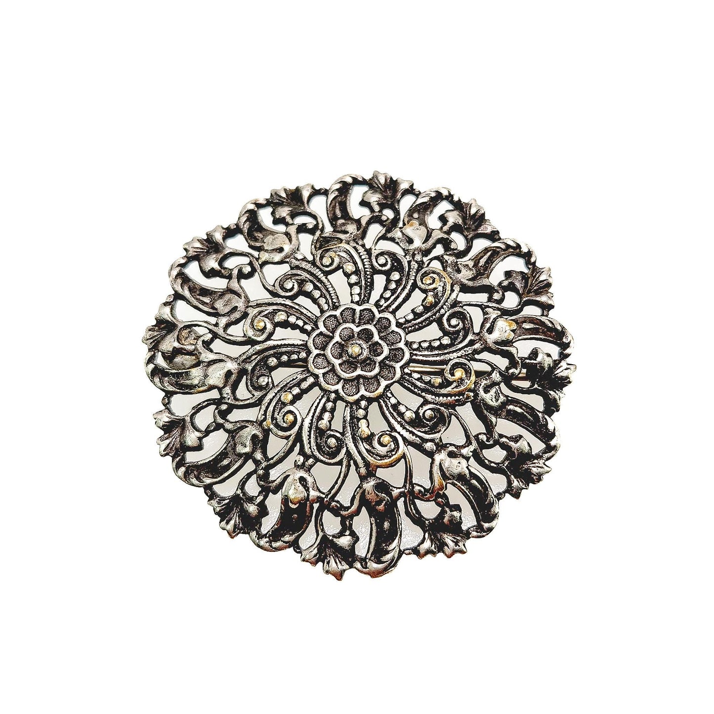 Vintage 1960s Large Ornate Medieval Revival Flower Silver Plated Statement Brooch