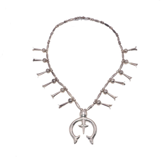Vintage 1930s Navajo Native American Sterling Silver Squash Blossom Statement Necklace 28"