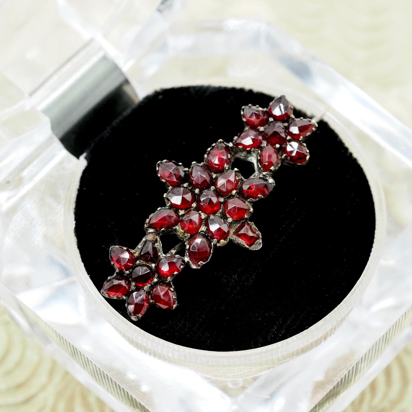 Antique 1880s Late Victorian Czech Bohemian Garnet and Gilt Three Star Celestial Unisex Brooch