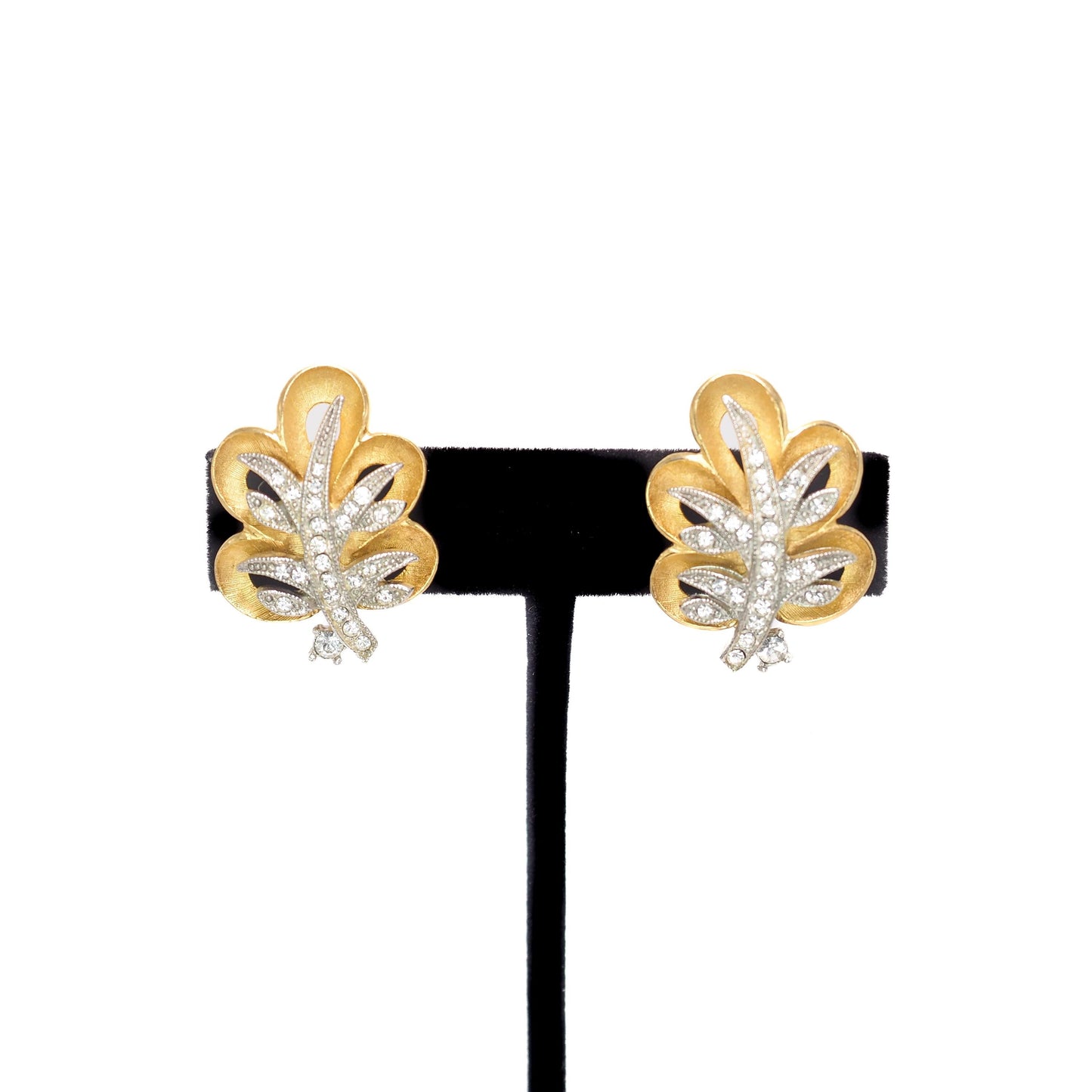 Vintage 1960s Clear Rhinestone Gold Plate Leaf Brooch and Clip Earring Set - 60s Costume Rhinestone Pin and Earrings Set
