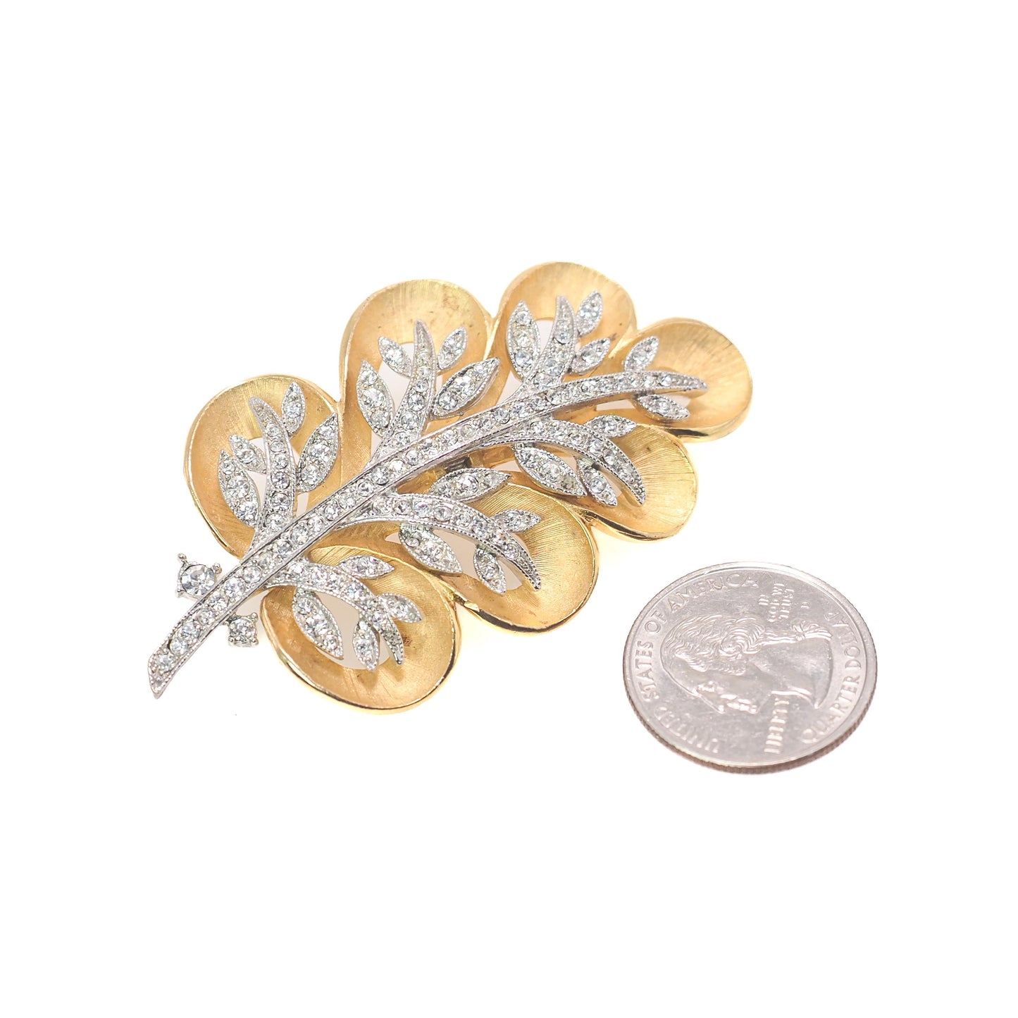 Vintage 1960s Clear Rhinestone Gold Plate Leaf Brooch and Clip Earring Set - 60s Costume Rhinestone Pin and Earrings Set