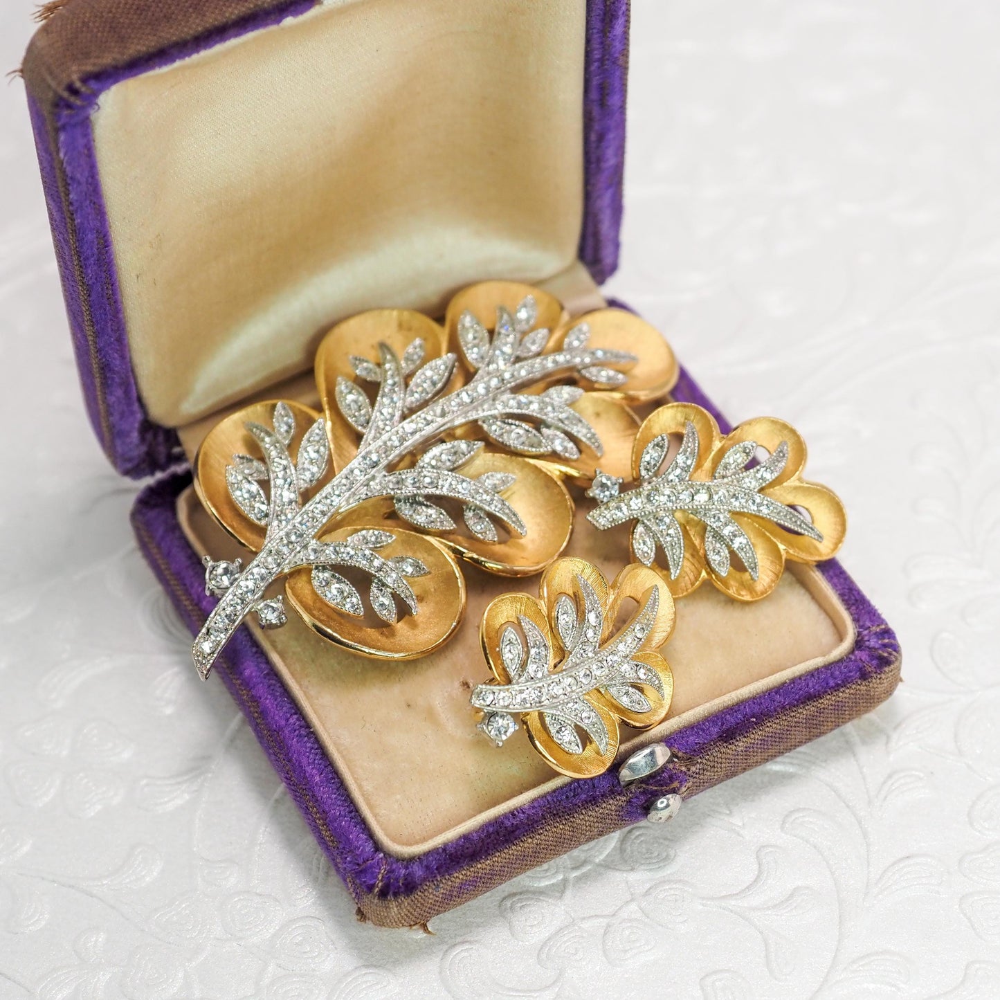 Vintage 1960s Clear Rhinestone Gold Plate Leaf Brooch and Clip Earring Set - 60s Costume Rhinestone Pin and Earrings Set