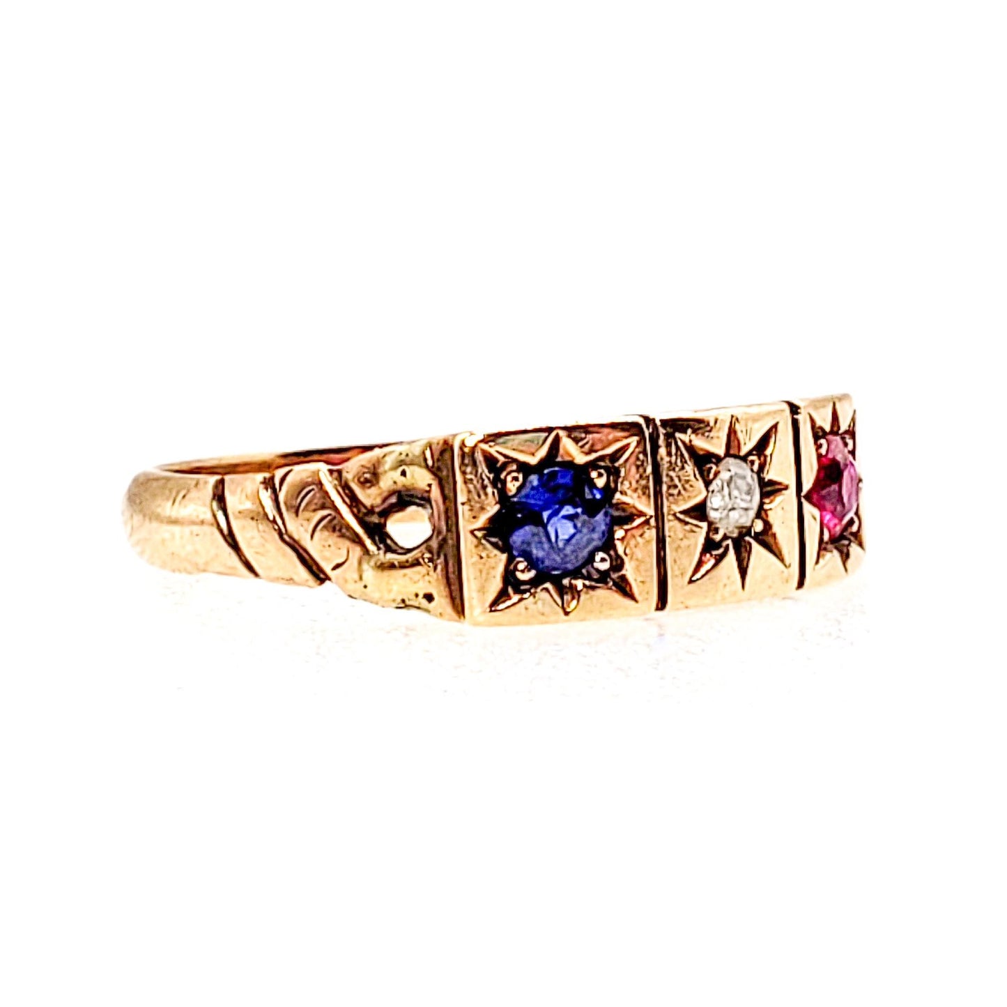 Antique Victorian Lab Ruby, Sapphire Diamond, 14K Ring - 1900s Victorian Ruby, Lab Sapphire, Diamond, Yellow Gold Gypsy Ring Size 7.25