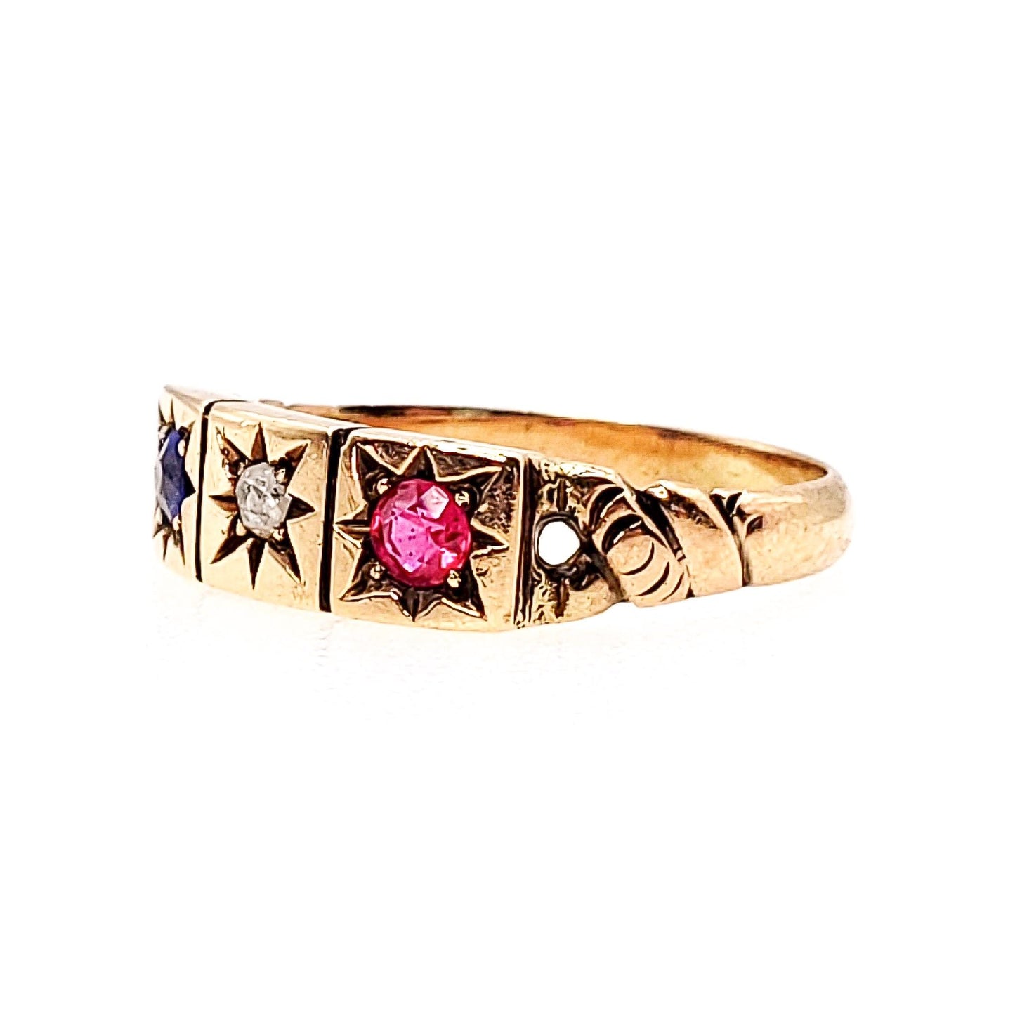 Antique Victorian Lab Ruby, Sapphire Diamond, 14K Ring - 1900s Victorian Ruby, Lab Sapphire, Diamond, Yellow Gold Gypsy Ring Size 7.25