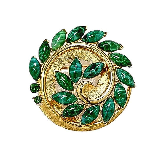 Vintage 1960s Green Glass and Gold Plate Flower Brooch