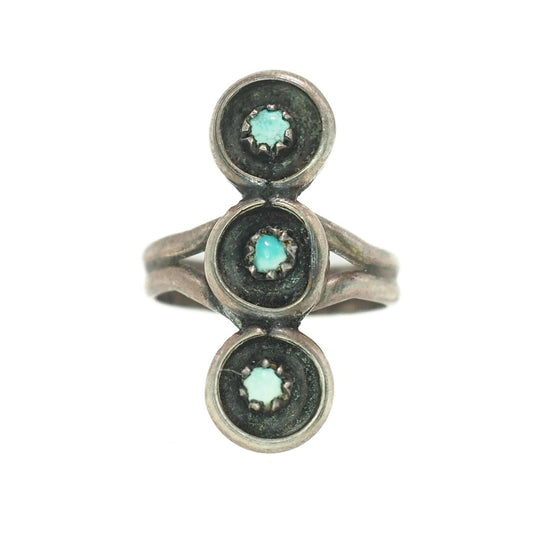 Vintage 1960s Navajo Blue Turquoise and Sterling Silver Three Stone Multi Gem Unisex Southwestern Ring Size 5.5