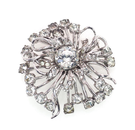 Vintage 1940s EISENBERG Ice Starburst Clear Rhinestone Sterling Silver Large Brooch