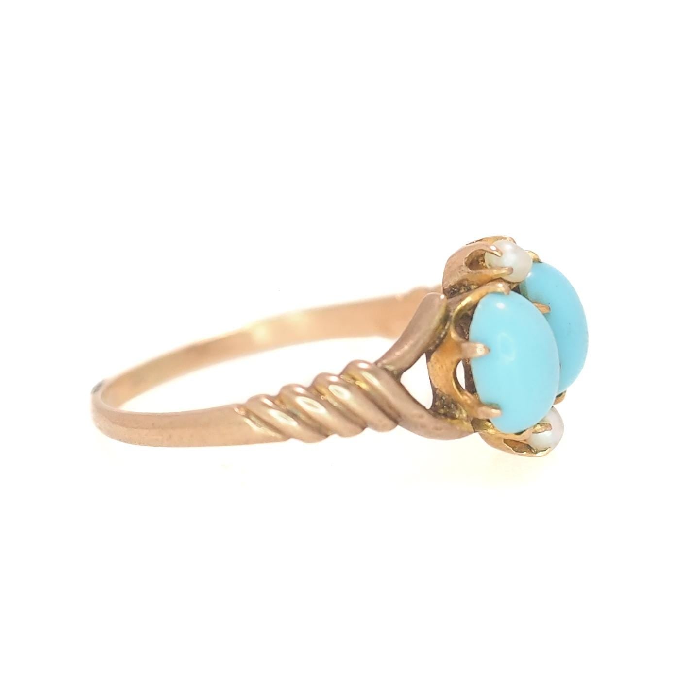 Antique 1890 Victorian Blue Turquoise, 14k Yellow Gold, and Seed Pearl Ring Size 8.25