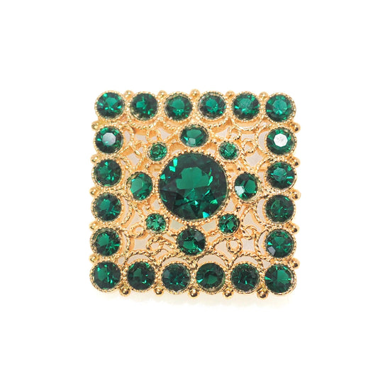 Vintage 1960s Green Rhinestone and Gold Tone Renaissance Revival Brooch