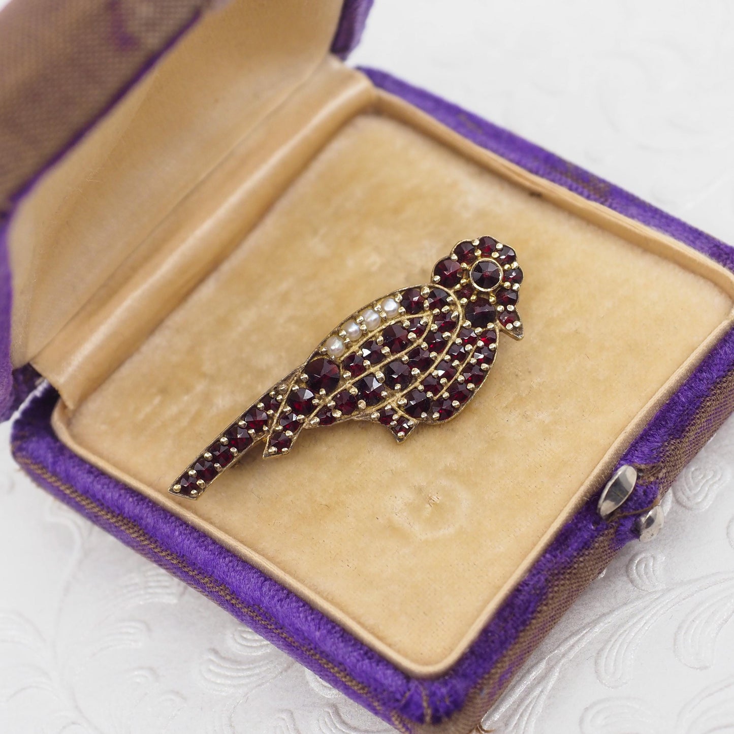 Vintage 1970s GRANAT TURNOV Bohemian Garnet, Pearl, and Vermeil Bird Brooch - 70s Rose Cut Red Garnet, Seed Pearl Animal Brooch