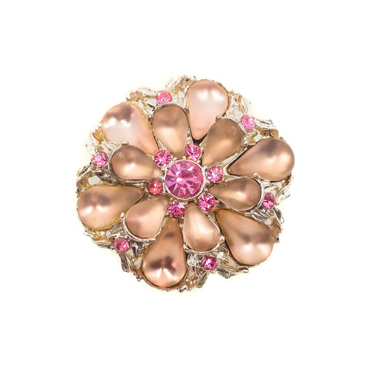 Vintage 1960s Pink and Fuchsia Rhinestone Cabochon Flower Brooch