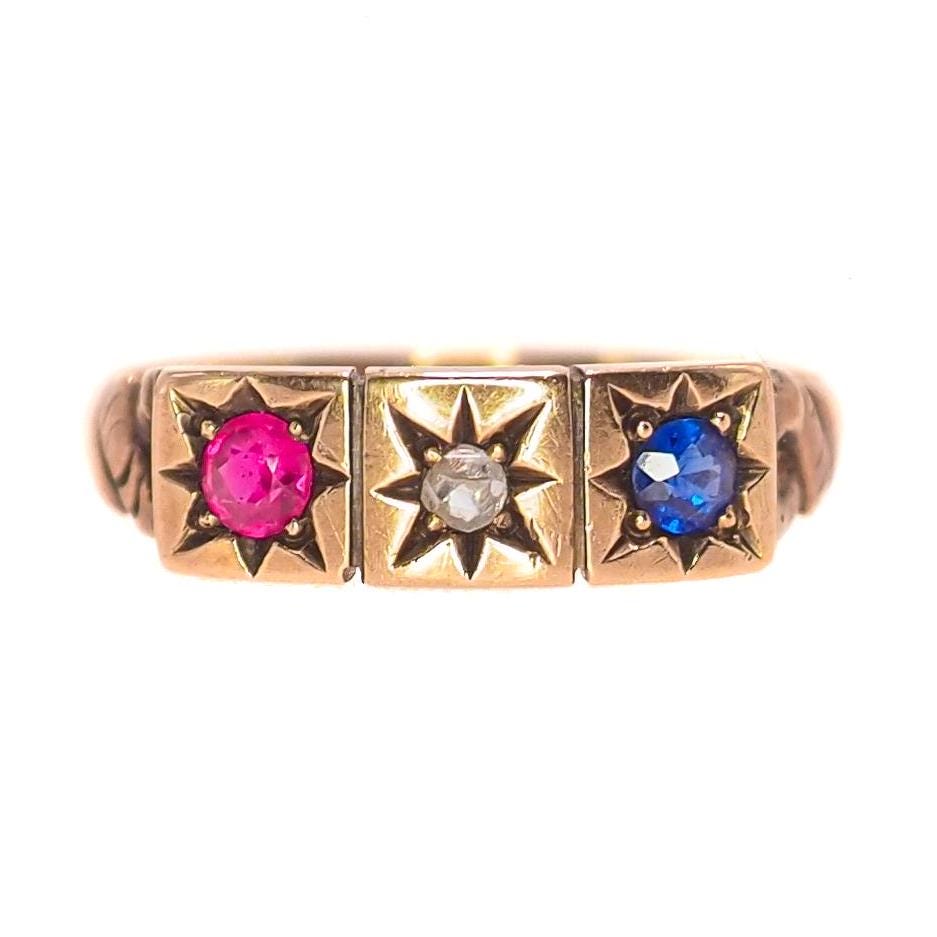 Antique Victorian Lab Ruby, Sapphire Diamond, 14K Ring - 1900s Victorian Ruby, Lab Sapphire, Diamond, Yellow Gold Gypsy Ring Size 7.25