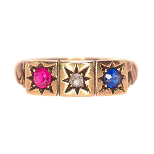 Antique 1900s Victorian Lab Ruby, Lab Sapphire, Diamond, 14k Yellow Gold Gypsy Ring Size 7.25