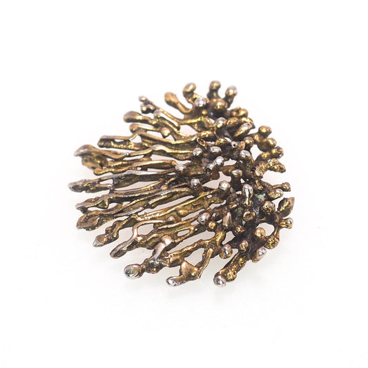 Vintage 1960s Brass and Silver Plate Coral Brooch and Necklace - 60s Brutalist Pin/Pendant Combo