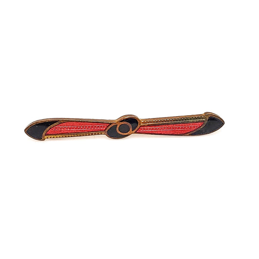 Antique 1900s Art Nouveau Red and Black Enamel and Gold Filled Bar Pin Brooch