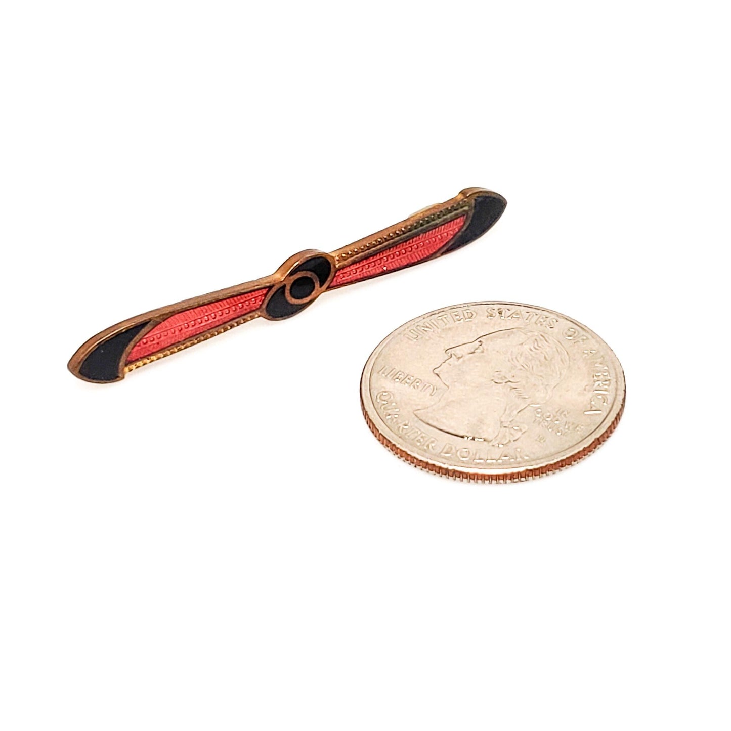 Antique 1900s Art Nouveau Red and Black Enamel and Gold Filled Bar Pin Brooch