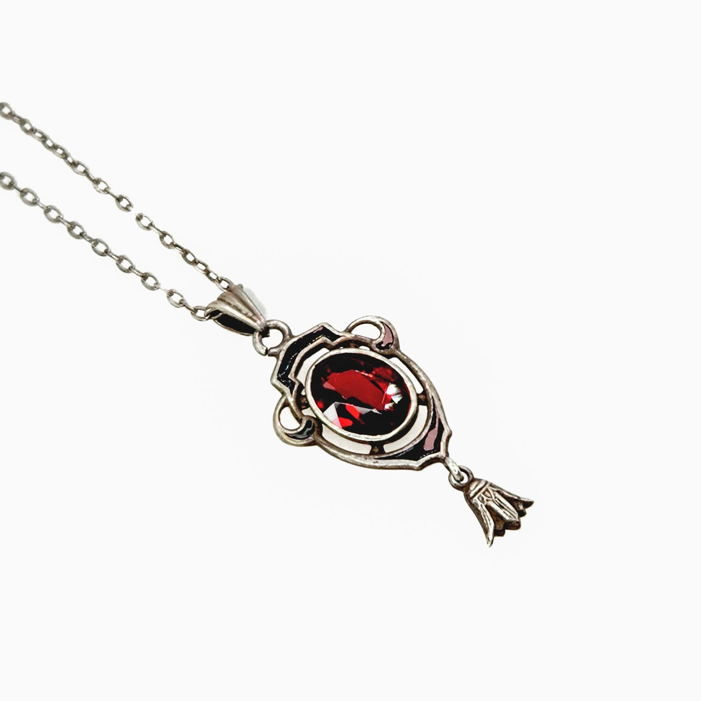 Antique 1900s Art Nouveau Almandite Garnet, Black Enamel, and Sterling Choker Lavalier 16" Necklace