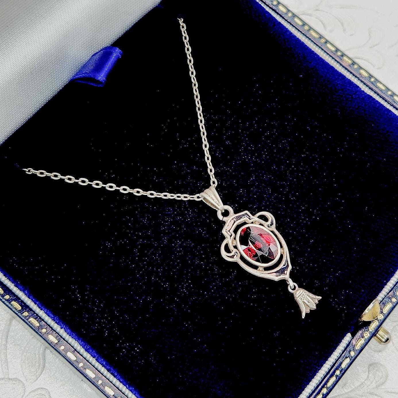 Antique 1900s Art Nouveau Almandite Garnet, Black Enamel, and Sterling Choker Lavalier 16" Necklace