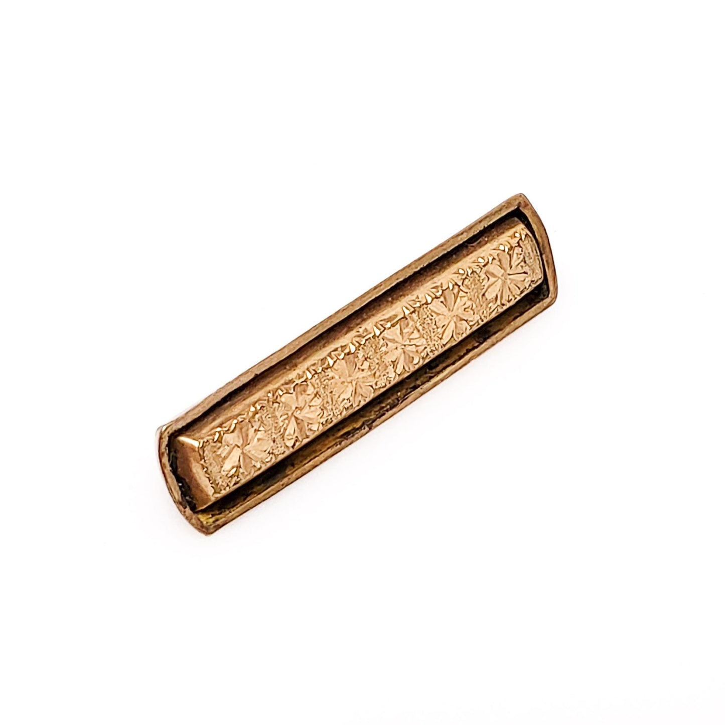 Antique Gold Tip Pin - Edwardian Yellow Gold Filled Tie Pin - Flower Etched Small Bar Pin Brooch - Floral Fathers Day Pin