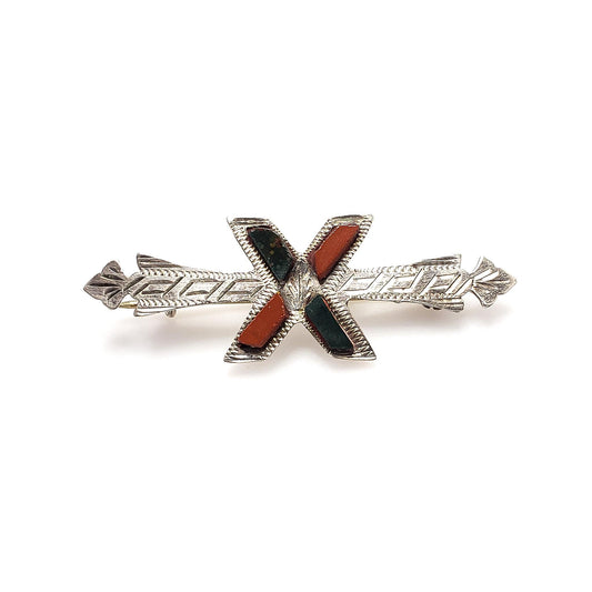 Antique 1900s Late Victorian Scottish Bloodstone, Jasper, Sterling Silver Brooch