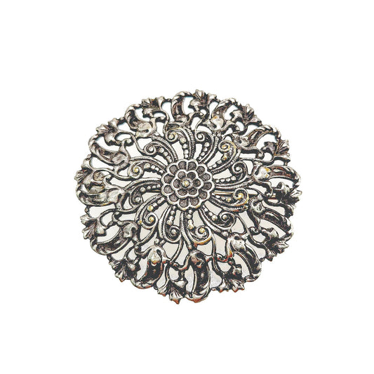 Vintage 1960s Large Ornate Medieval Revival Flower Silver Plated Statement Brooch