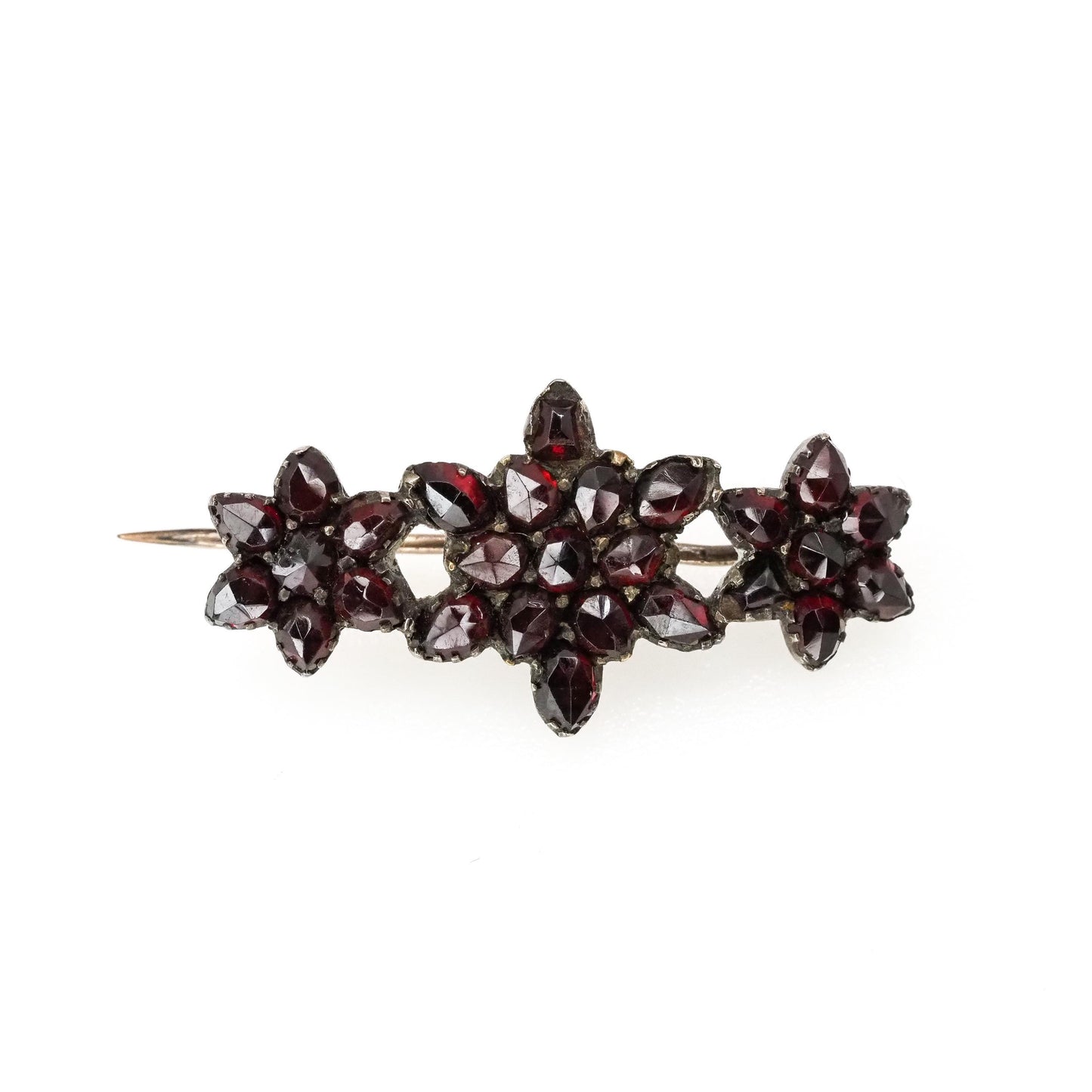 Antique 1880s Late Victorian Czech Bohemian Garnet and Gilt Three Star Celestial Unisex Brooch