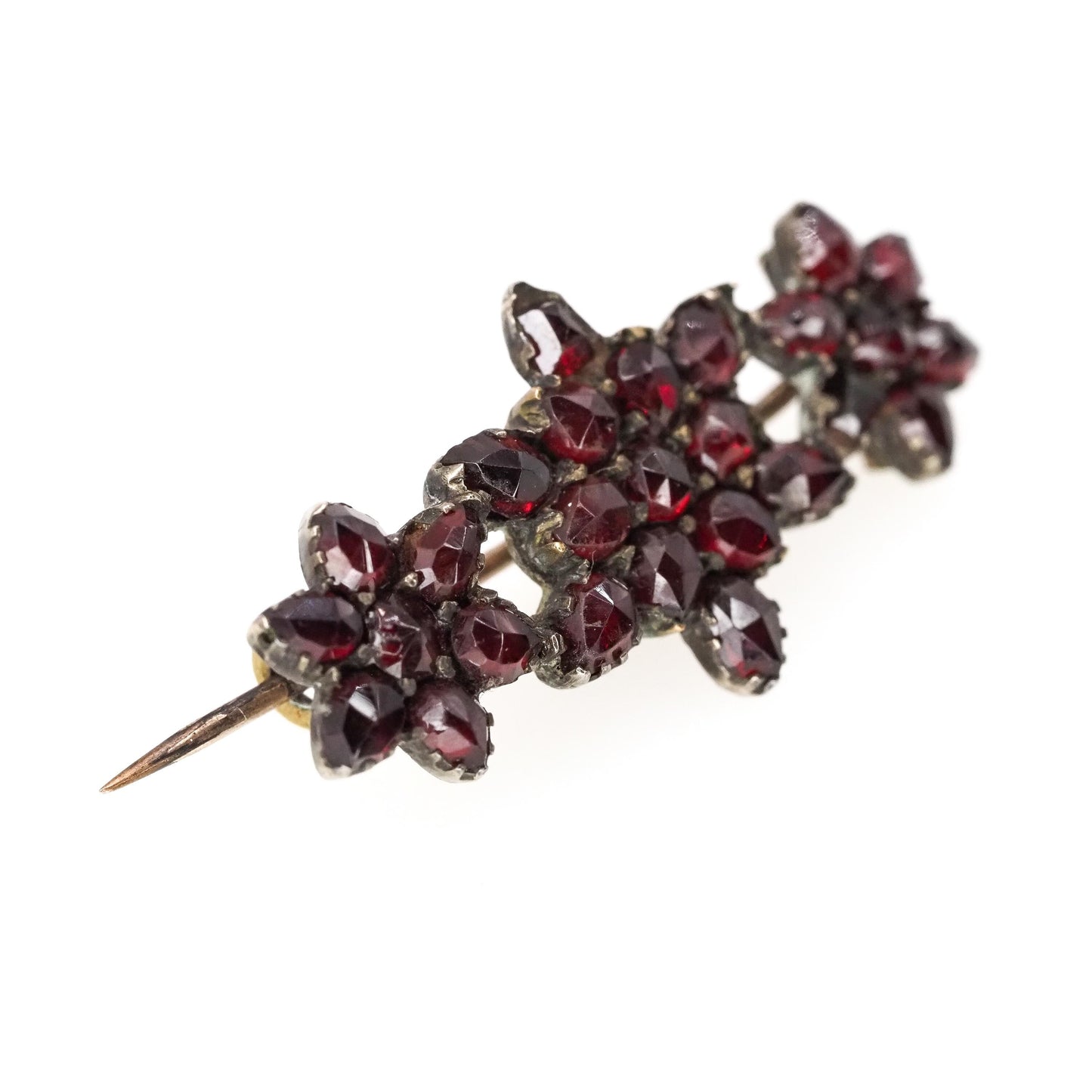 Antique 1880s Late Victorian Czech Bohemian Garnet and Gilt Three Star Celestial Unisex Brooch