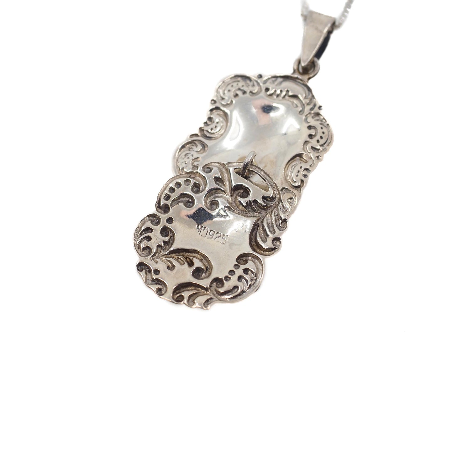 Vintage 1980s Sterling Silver Mirror Tag Necklace - 80s Silver Repousse 18" Necklace - Silver Drop Pendant Necklace