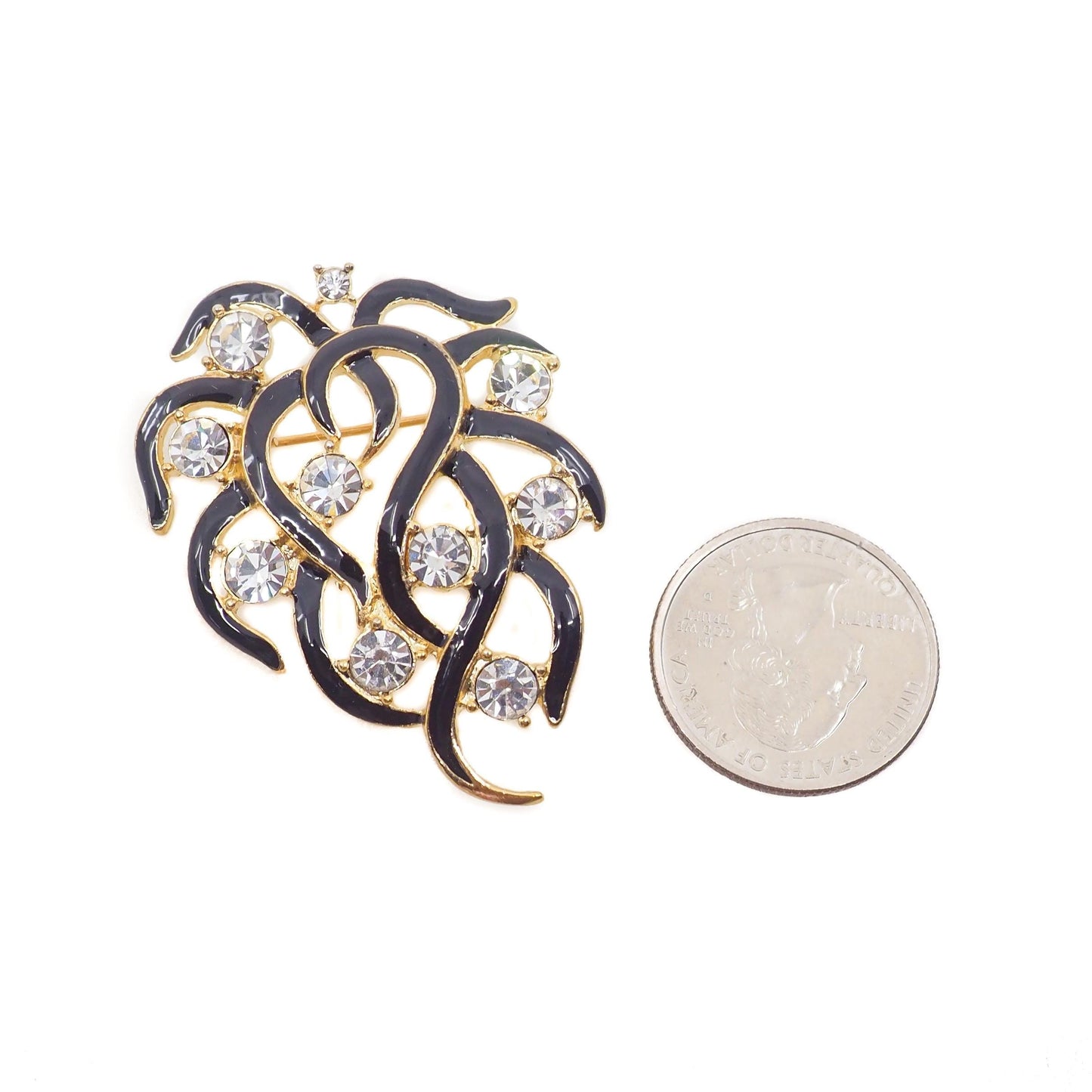 Vintage 1960s Clear Rhinestone Gold Plate Spray Costume Black Enamel Brooch