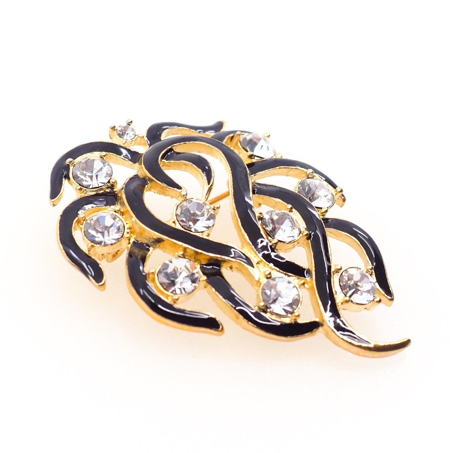 Vintage 1960s Clear Rhinestone Gold Plate Spray Costume Black Enamel Brooch