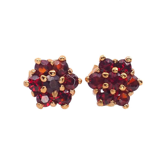 Vintage 1990s Red Round Cut Pyrope Garnet and Rose Gold Washed Silver Cluster Earrings