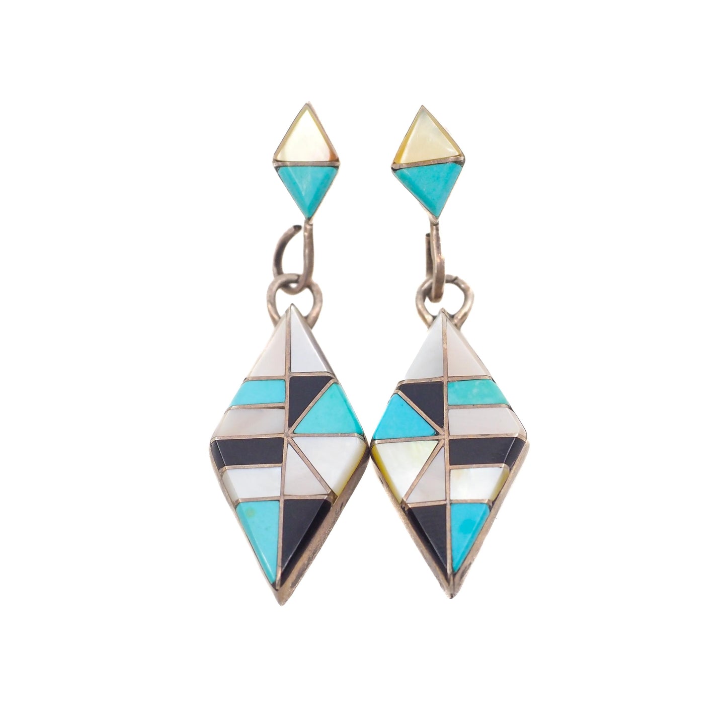 Vintage 1970s Zuni Sterling Silver Inlaid Turquoise, Onyx, and Mother of Pearl Dangle Earrings