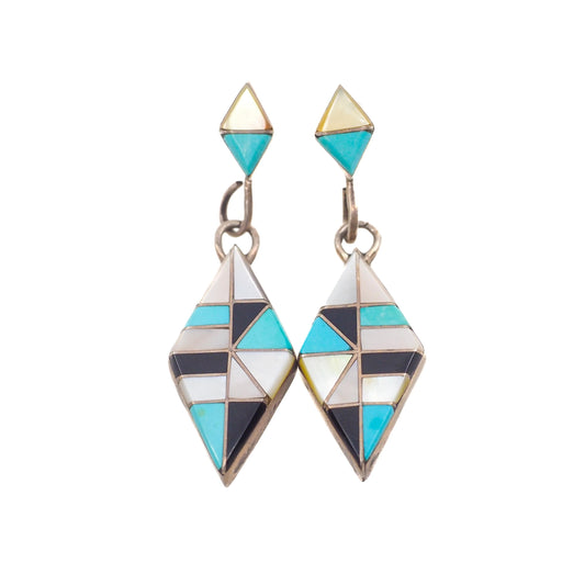 Vintage 1970s Zuni Sterling Silver Inlaid Turquoise, Onyx, and Mother of Pearl Dangle Earrings