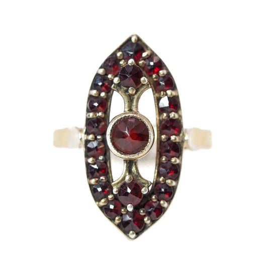 Vintage 1960s Bohemian Garnet, 900 Silver Czech Gold Wash Silver Marquise Ring Size 6.25