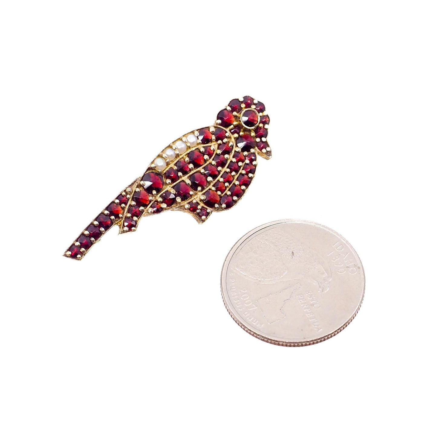 Vintage 1970s GRANAT TURNOV Bohemian Garnet, Pearl, and Vermeil Bird Brooch - 70s Rose Cut Red Garnet, Seed Pearl Animal Brooch