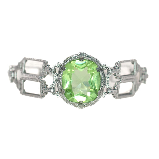 Antique 1920s JH PECKHAM Art Deco Green Glass, Sterling Silver Link 6" Bracelet