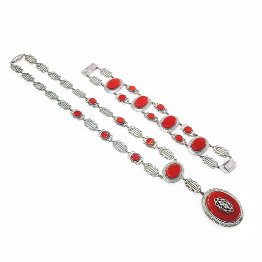Antique 1920s Art Deco Brownish Red Glass, Marcasite, and Silver Plate Bracelet and Necklace Set
