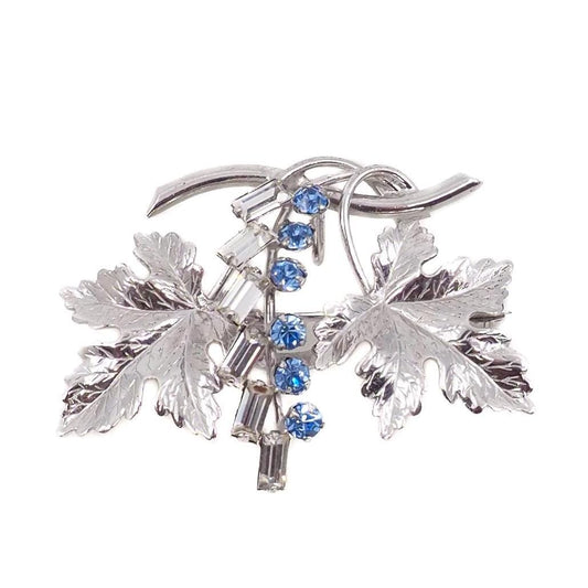 Vintage 1940s CARL ART Blue Rhinestone and Sterling Silver Leaf Brooch