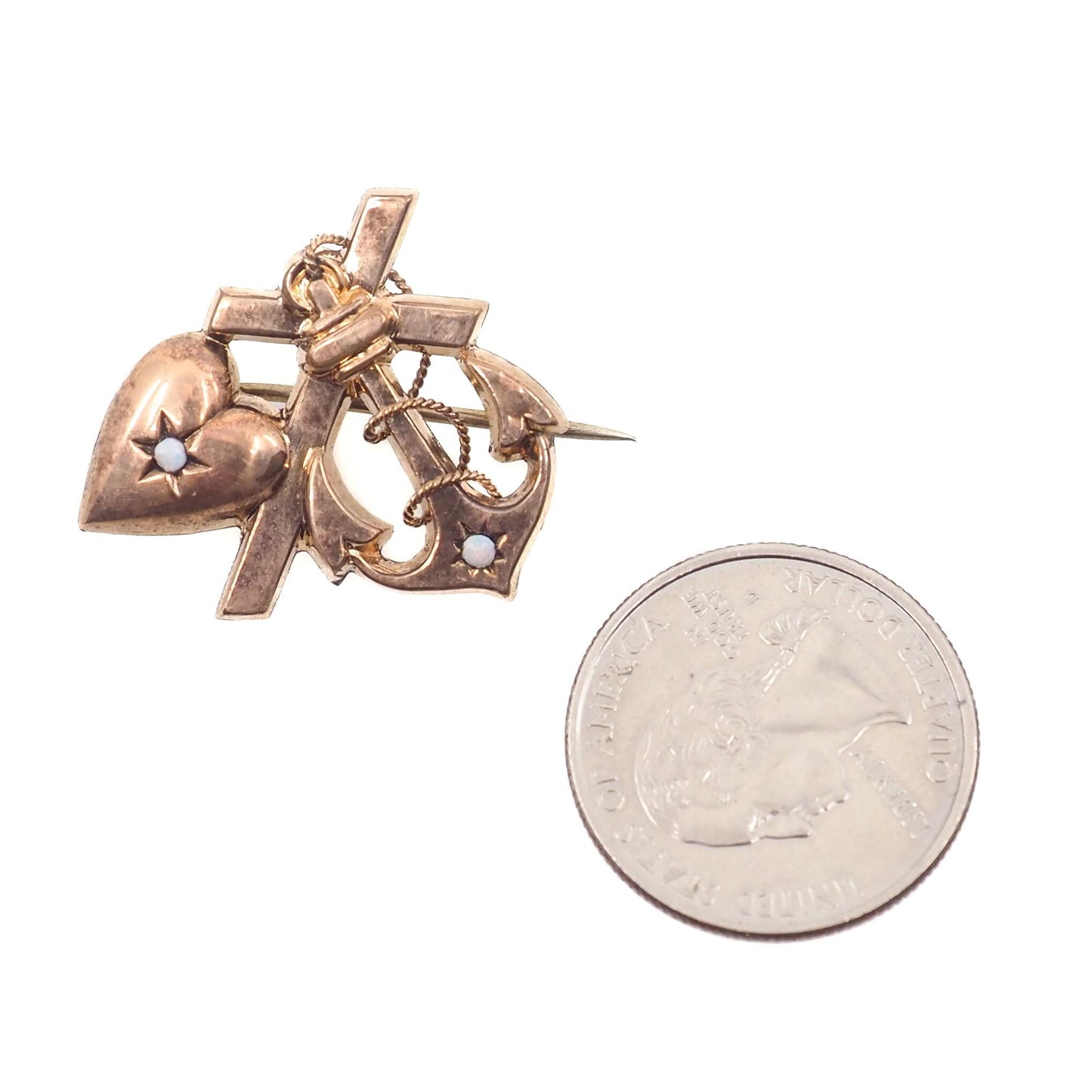 Antique 1890s Victorian Opal and Yellow Gold Filled Heart Faith, Hope, Love Brooch