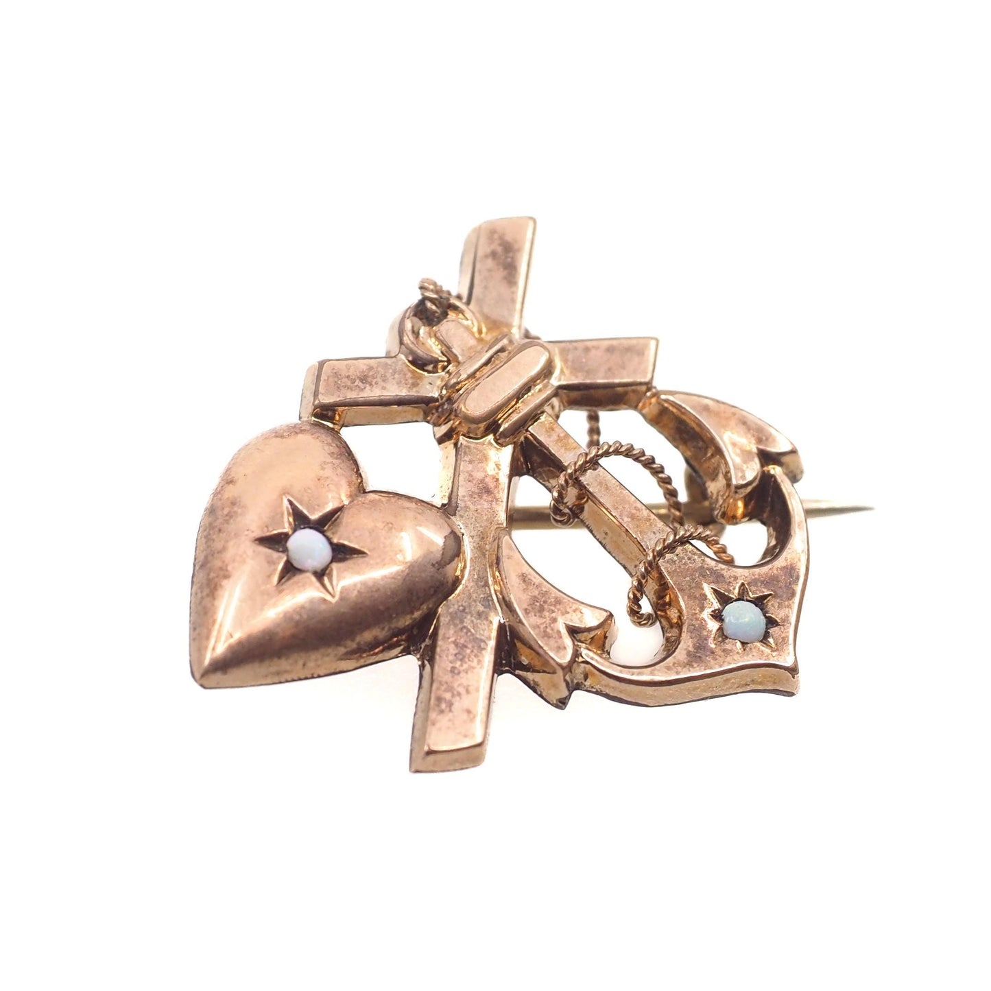 Antique 1890s Victorian Opal and Yellow Gold Filled Heart Faith, Hope, Love Brooch
