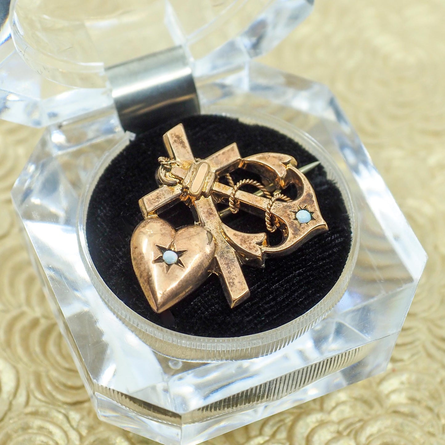 Antique 1890s Victorian Opal and Yellow Gold Filled Heart Faith, Hope, Love Brooch