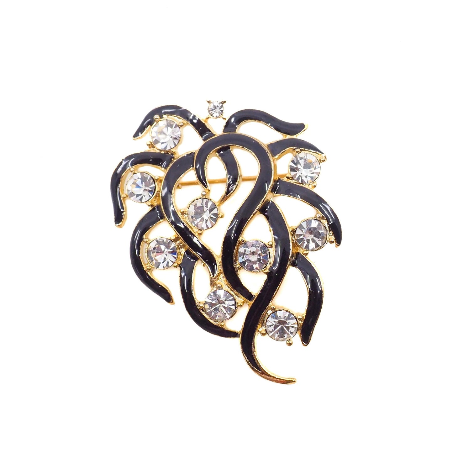 Vintage 1960s Clear Rhinestone Gold Plate Spray Costume Black Enamel Brooch