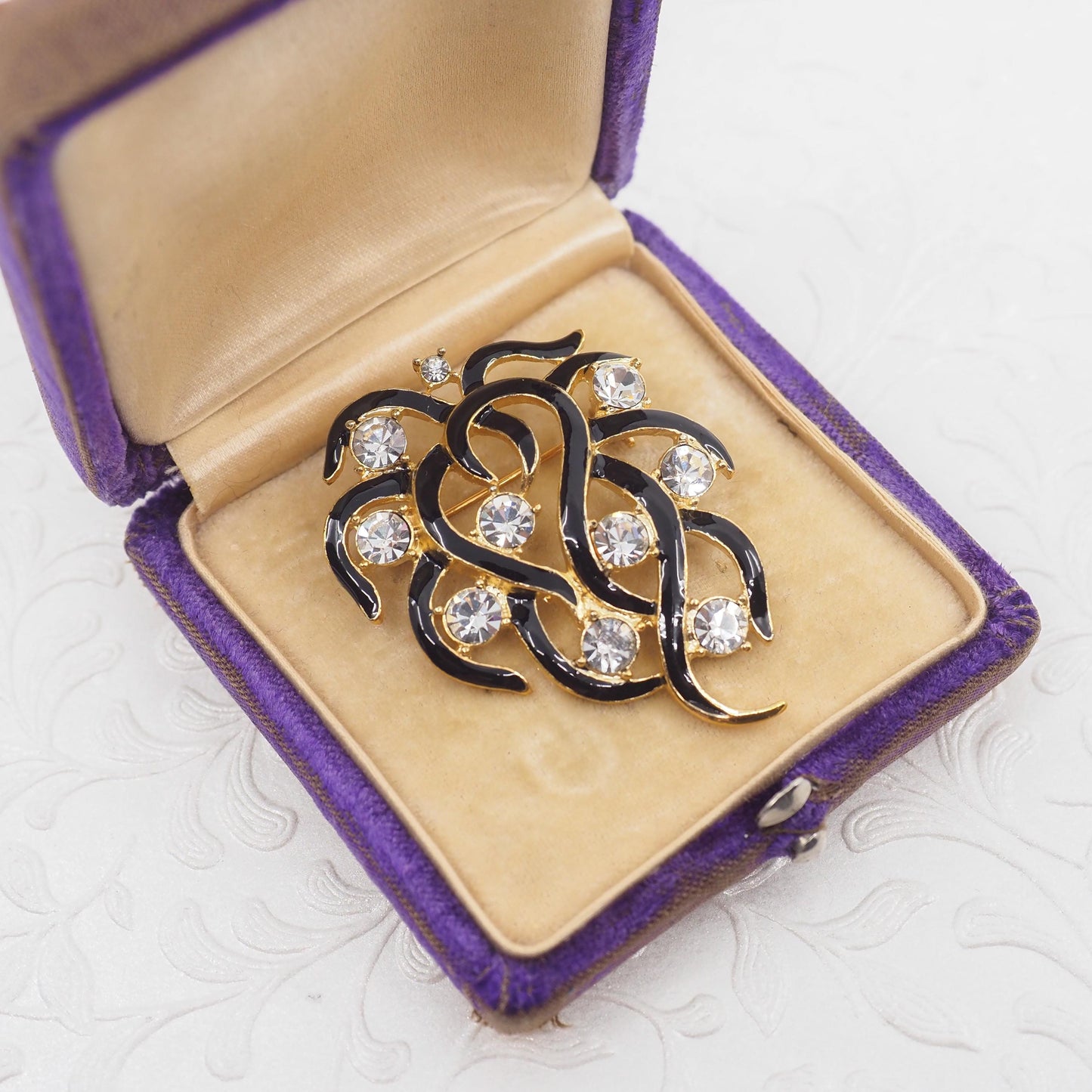 Vintage 1960s Clear Rhinestone Gold Plate Spray Costume Black Enamel Brooch