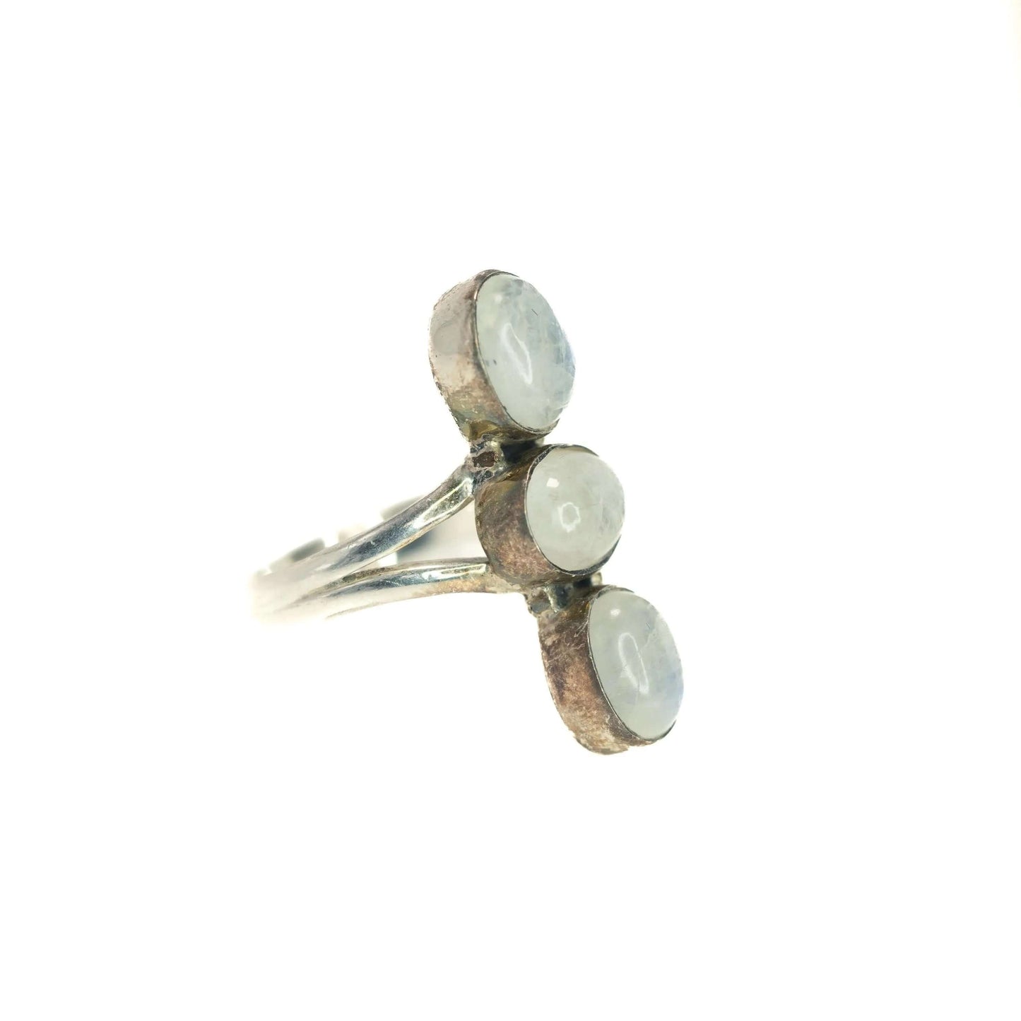 Vintage 1990s Moonstone and Sterling Silver Three Stone Southwestern Ring Size 8.25