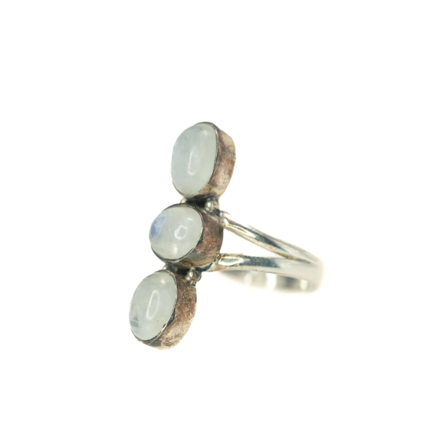 Vintage 1990s Moonstone and Sterling Silver Three Stone Southwestern Ring Size 8.25