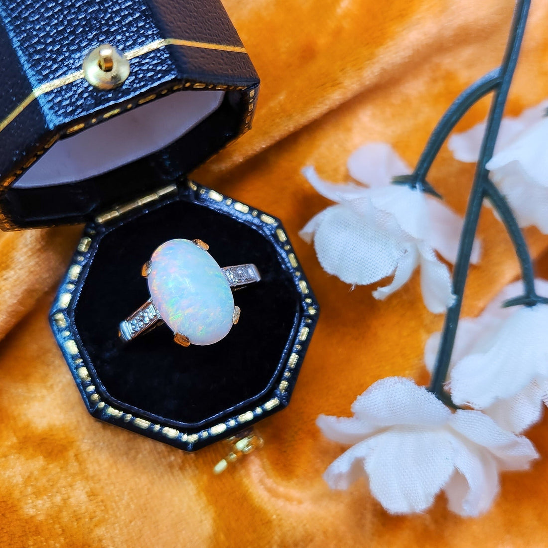 an opal ring sits in a black box with white flowers against an orange background